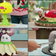Clockwise from top left: Pineapple cake, mushroom cake, cherry blossom cake, shuttlecock cake